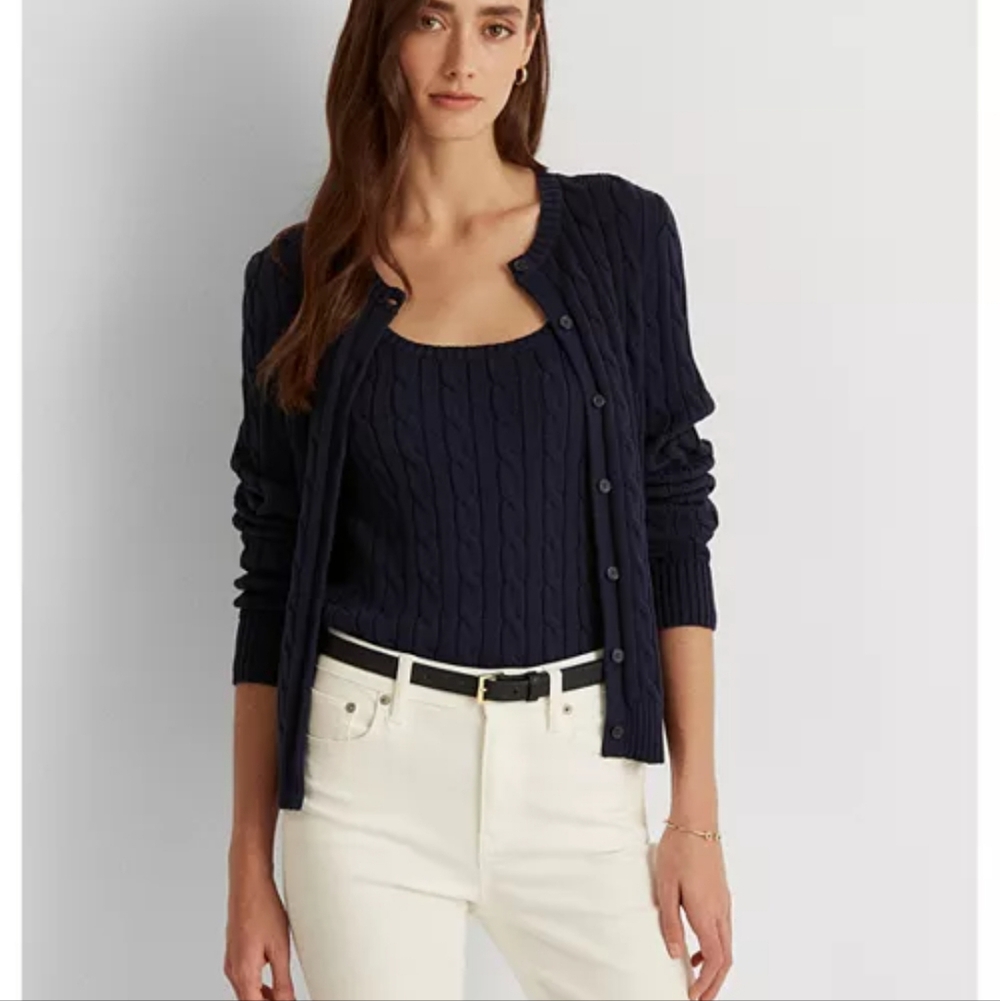 Lauren Ralph Lauren navy‎ cable-knit cotton cardigan.